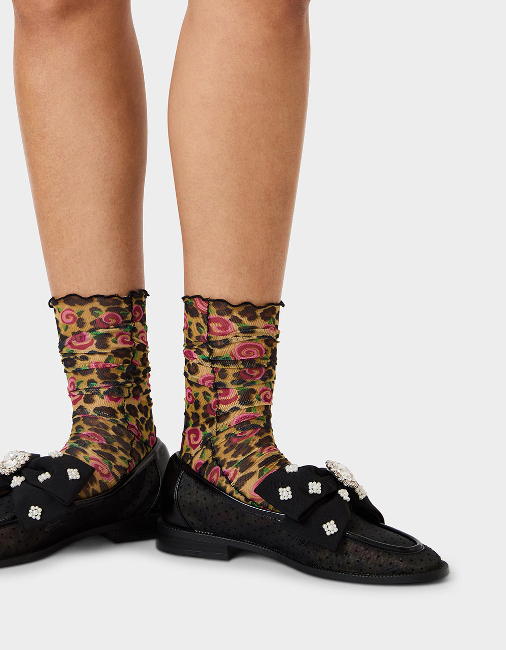 2-PACK LEOPARD ROSE MESH CREW SOCKS TAN MULTI - Image 4